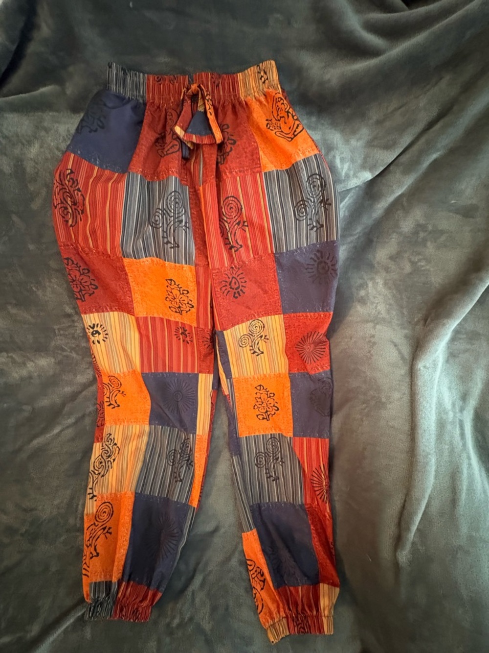 Patchwork Boho Jogger Pants in Orange, Navy & Red